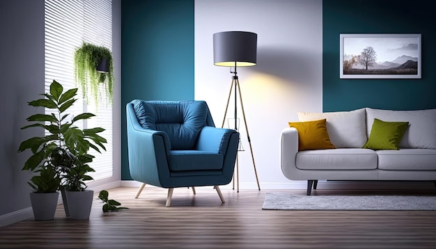 A living room with a blue chair and a plant next to it.