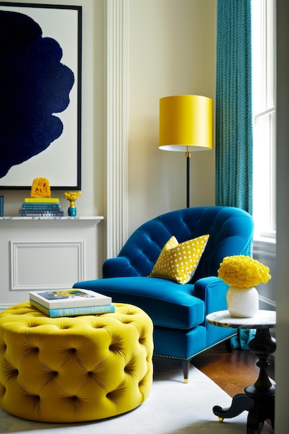 Гостиная с синим креслом, желтым пуфиком и желтой лампой Генеративный AI