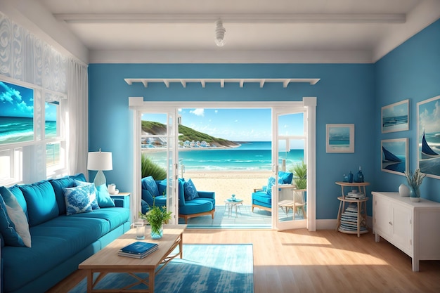 A living room with a blue couch and a beach view