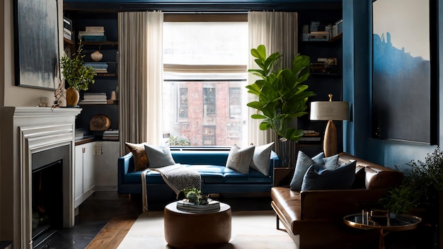 Гостиная с синим диваном и синим диваном с синим диваном и журнальным столиком.