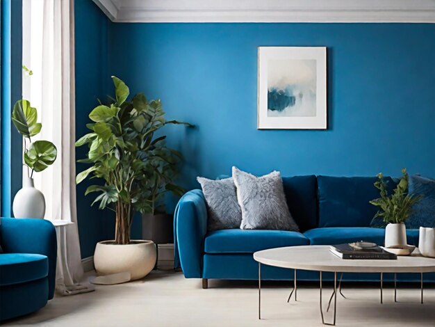 a living room with a blue couch and a blue sofa with plants on it