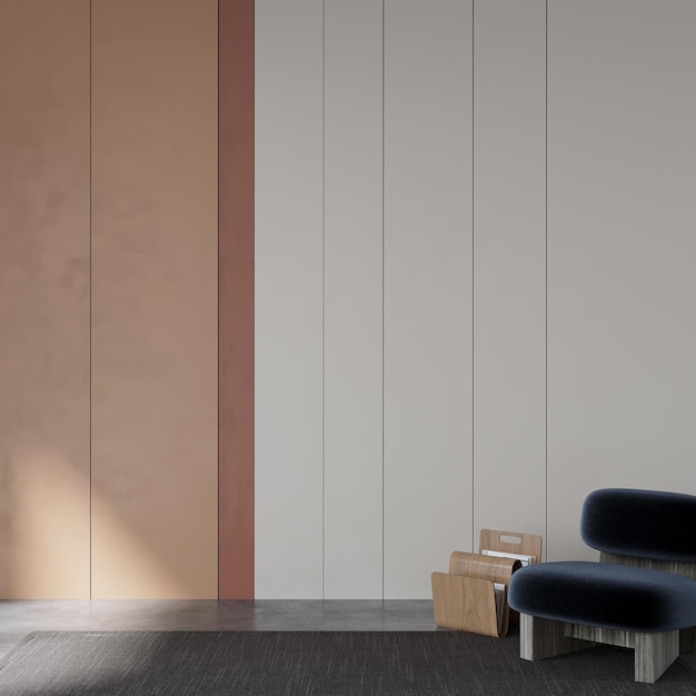 A living room with a blue couch and a brown and pink wall.