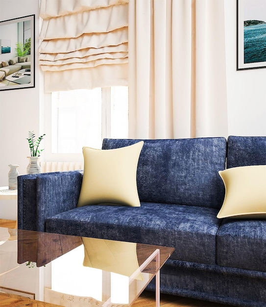 A living room with a blue couch and a coffee table with a glass top.