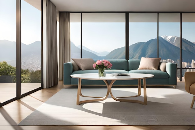 A living room with a blue couch and a coffee table with a large window overlooking mountains.