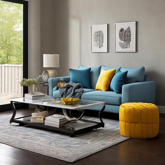 A living room with a blue couch and a coffee table with a yellow pillow on it