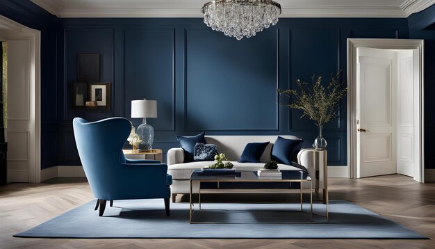 a living room with a blue couch and a coffee table