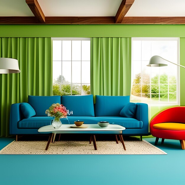 A living room with a blue couch and a coffee table.