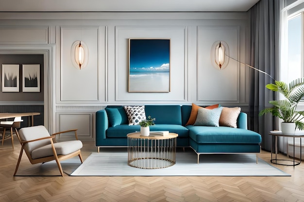 A living room with a blue couch and a coffee table.