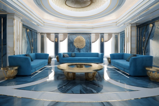 A living room with a blue couch and a gold coffee table.