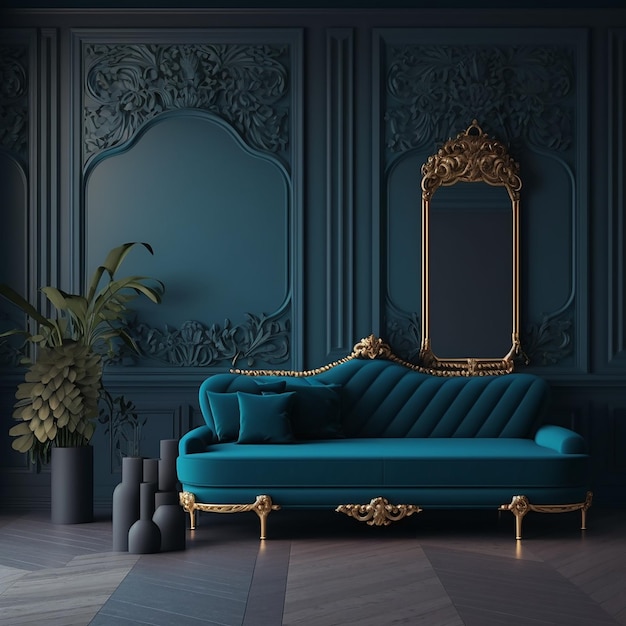 A living room with a blue couch and gold mirror.