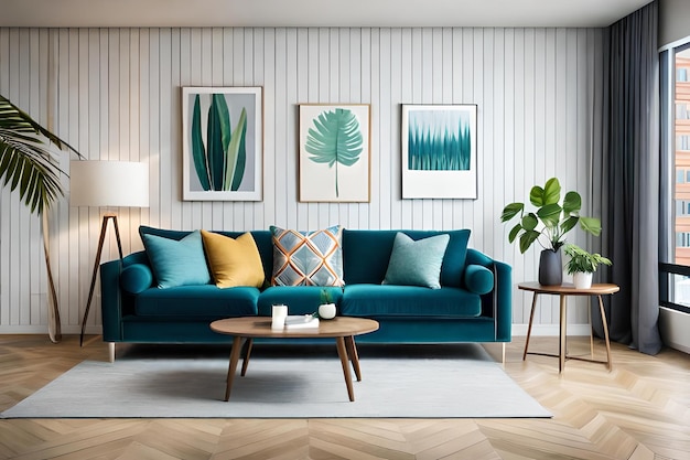 A living room with a blue couch and green plants