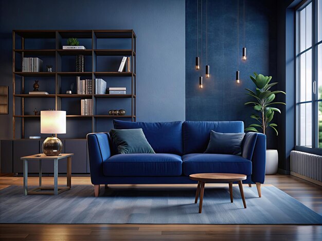 гостиная с голубым диваном и лампой