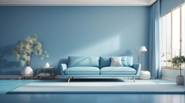 a living room with a blue couch and a lamp
