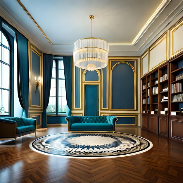 파란색 소파가 놓인 거실과 금빛 램프가 달린 커다란 책장이 있는 거실입니다.