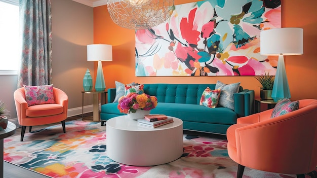 A living room with a blue couch and a large floral wall art.