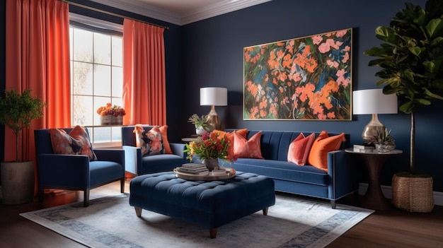 A living room with a blue couch and a large painting of flowers on the wall.