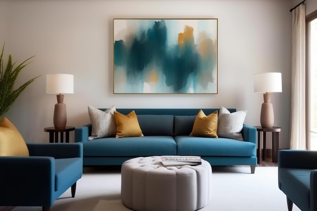 A living room with a blue couch and a large painting above it.