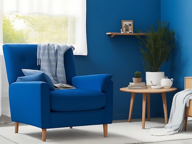 A living room with a blue couch and a large window