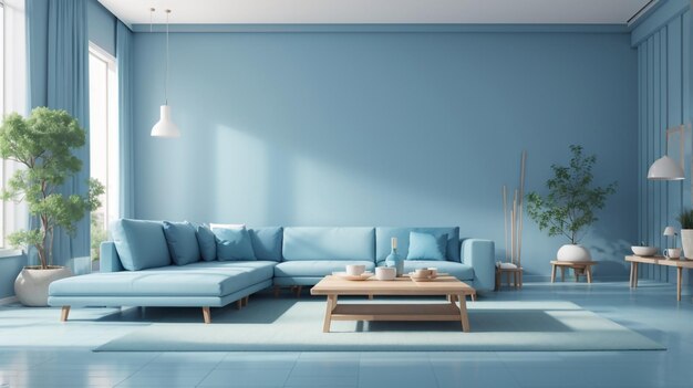 a living room with a blue couch and a light