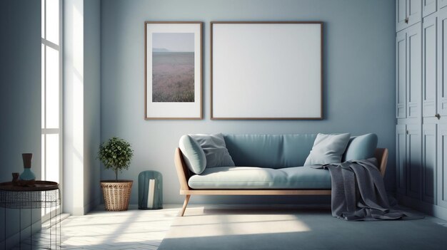 A living room with a blue couch and a picture frame that says'living room '