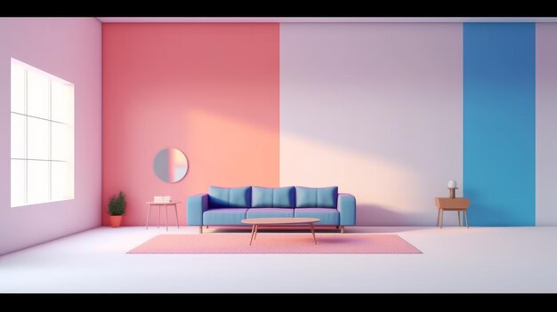 A living room with a blue couch and a pink wall with a plant on it.