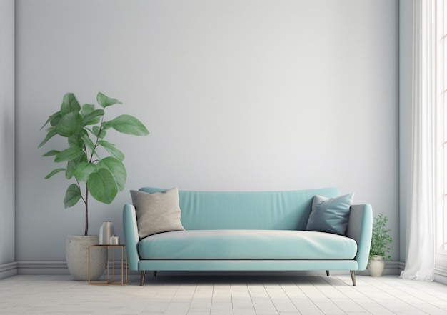 A living room with a blue couch and a plant in a pot.