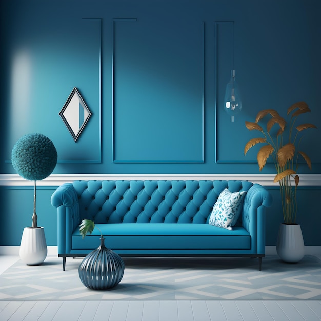 A living room with a blue couch and a plant on the wall.