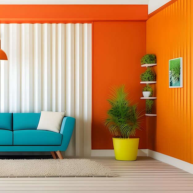 A living room with a blue couch and a plant in a yellow pot.
