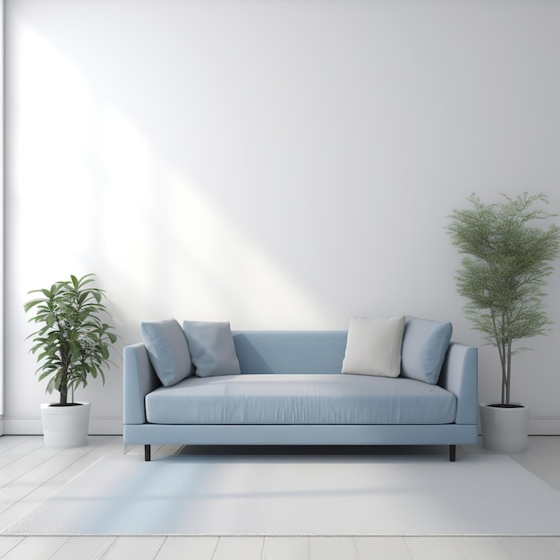 A living room with a blue couch and two potted plants.