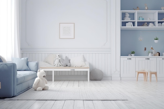 A living room with a blue couch and a white coffee table