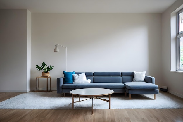 A living room with a blue couch and a white rug.