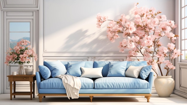 파란색 소파가 있는 거실과 멋진 꽃 발코니가 있는 흰색 벽