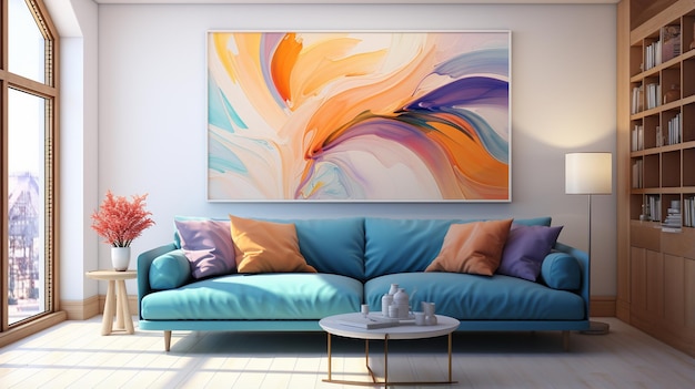 Photo a living room with a blue couch and a white wall with a painting on it