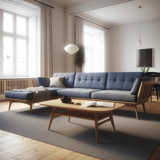 A living room with a blue couch and a wooden coffee table.