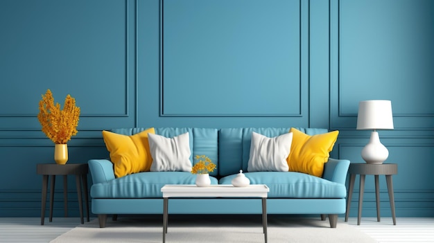 A living room with a blue couch and yellow pillows