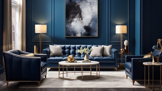 a living room with blue couches and a coffee table