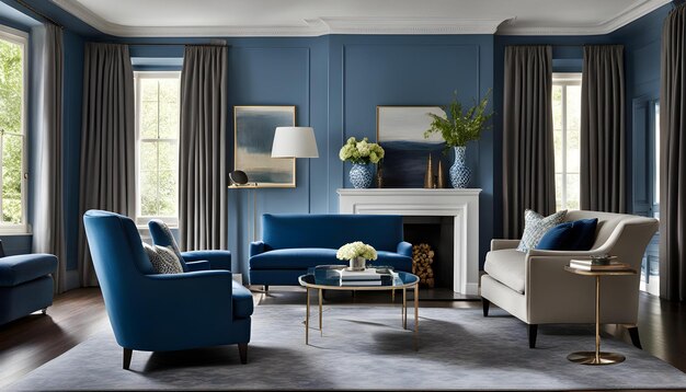 a living room with blue furniture and a fireplace