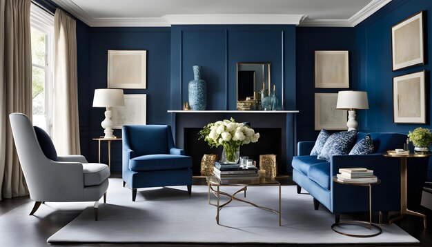 Photo a living room with blue furniture and a fireplace