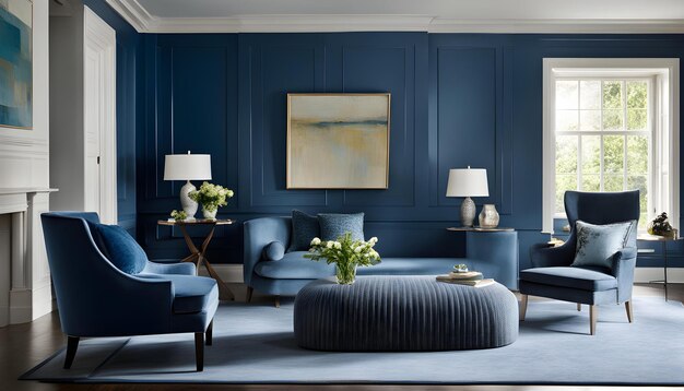 a living room with blue furniture and a painting on the wall