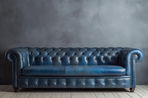 Living room with a blue leather sofa a concrete wall and oak flooring