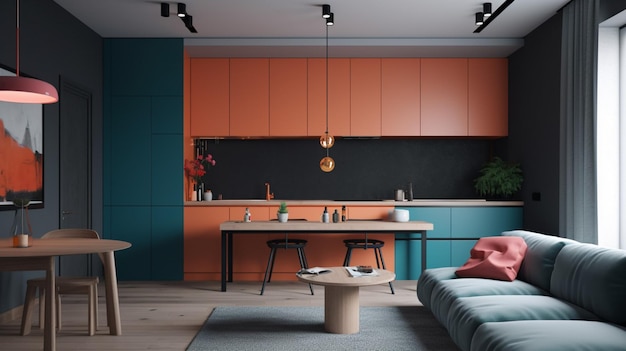 A living room with a blue and orange kitchen.