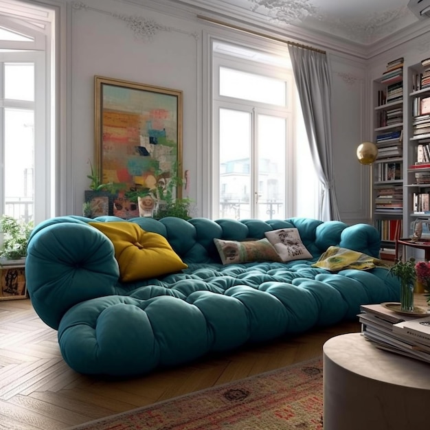 A living room with a blue sofa and a bookcase on the wall.