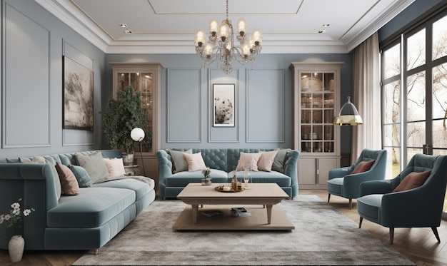 A living room with a blue sofa and a chandelier that says'the best'on it