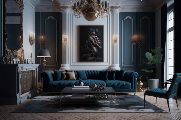 A living room with a blue sofa and a gold lamp on the wall