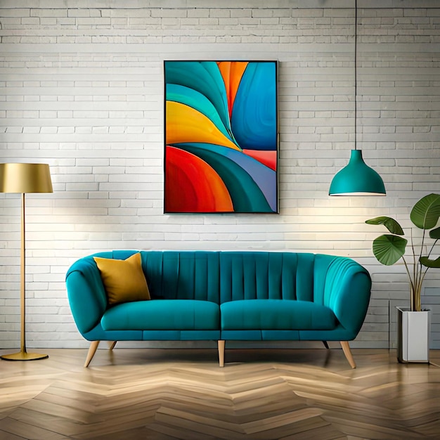 A living room with a blue sofa and a green sofa with a colorful painting on the wall.