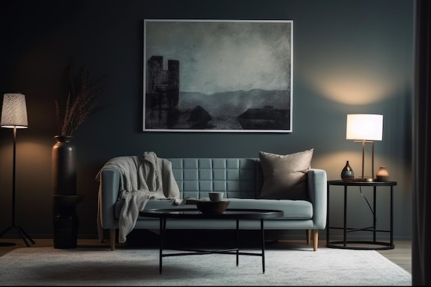 A living room with a blue sofa and a lamp on the wall.