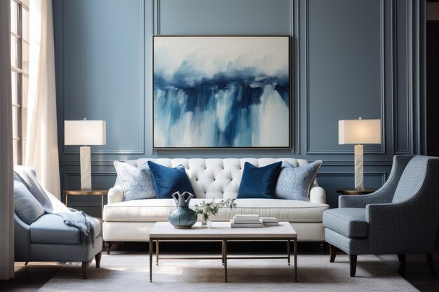 A living room with a blue sofa and lamps