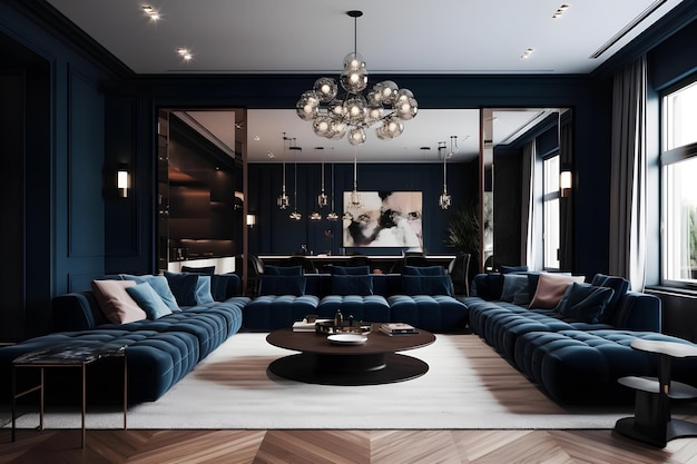 A living room with a blue sofa and a large table with a blue sofa and a large chandelier.