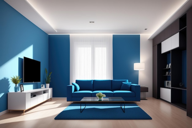 ブルーのソファと大型テレビのあるリビングルーム。