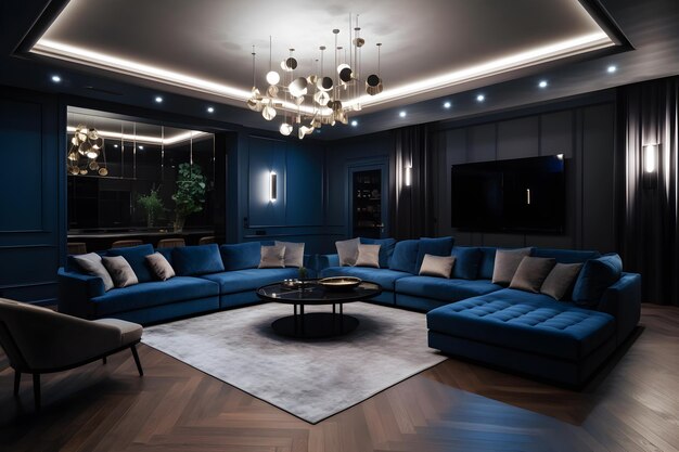 A living room with a blue sofa and a large tv.